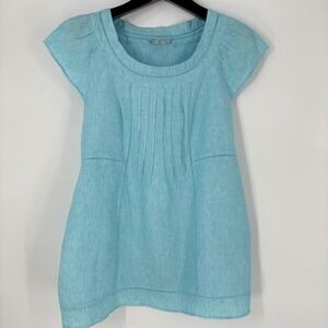 TU Womens Linen Tie Back Top Size 20 Aqua Blue Ladder Stitch Pleats Coastal